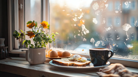 A delightful breakfast scene featuring toasted bread, freshly cooked eggs, and a warm cup of coffee beside a blooming flower pot. Bright sunlight filters through the window, enhancing the cozy atmosphere, making it an ideal start to the day.の素材