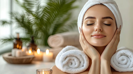 A serene setting showcases a woman enjoying a spa treatment, surrounded by calming candles and lush greenery, radiating beauty and tranquility.の素材