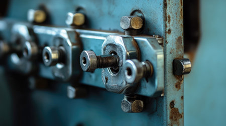 A detailed close-up image showcasing a metal machinery component featuring nuts and bolts attached to a blue panel surface, highlighting industrial design.の素材