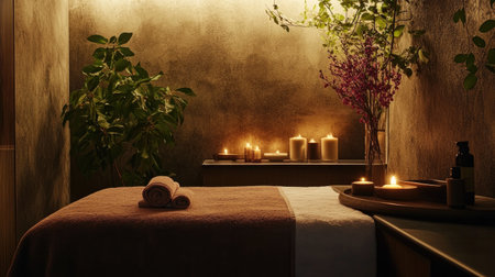 A tranquil spa environment featuring soft lighting, calming candles, lush plants, and neatly arranged towels, perfect for relaxation and rejuvenation.の素材