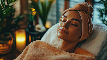 A serene scene showing a relaxed woman in a cozy spa environment, enjoying a facial treatment, surrounded by soft lighting, plants, and candles.の素材