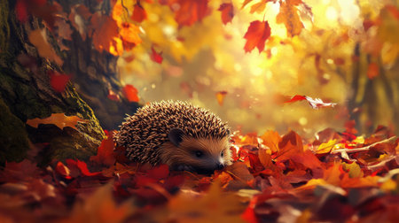 An adorable hedgehog rests among colorful autumn leaves under a tree, basking in warm sunlight, capturing the essence of nature's beauty in a serene setting.の素材