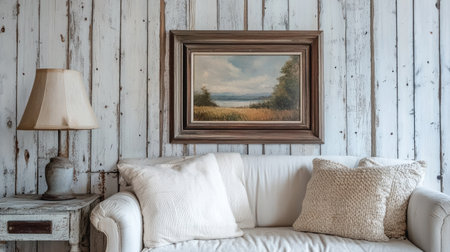 This inviting living room features a cozy white sofa, soft cushions, and a vintage lamp against a beautifully weathered wooden wall. A serene nature painting adds artistic charm, enhancing the tranquil atmosphere.の素材