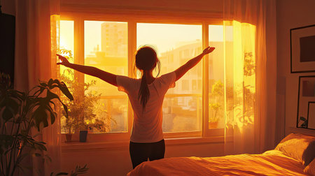 A serene morning scene featuring a woman basking in the soft golden sunlight streaming through a window, creating a feeling of tranquility and joy.の素材