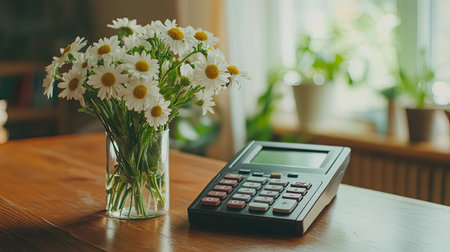 A warm and inviting workspace featuring a calculator beside a glass vase filled with fresh daisies. The scene is brightened by natural light pouring in, creating a cheerful atmosphere filled with greenery and simplicity. Perfect for inspiring productivity and creativity.の素材