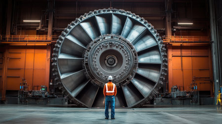 A focused worker inspects a large jet engine in a modern industrial facility, highlighting the impressive scale of aviation machinery and safety practices.の素材