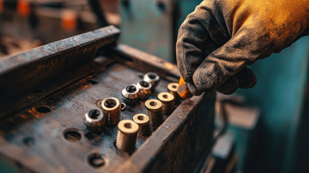 A skilled worker's hand wearing a protective glove is focused on handling metal fasteners in an industrial workshop, showcasing craftsmanship and precision.の素材