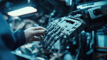 An intricate human hand reaches out to a sophisticated robotic gripper in a high-tech environment, symbolizing the fusion of human effort and advanced robotics.の素材