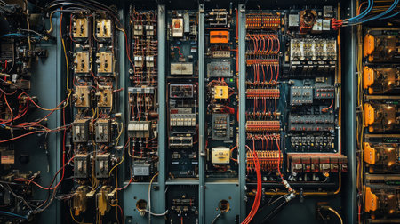 Detailed view of an industrial control panel showcasing various electrical circuits, connectors, and components designed for automation and monitoring.の素材
