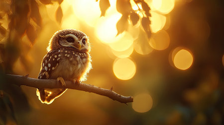 A captivating image of a small owl sitting gracefully on a branch, illuminated by the warm glow of a sunset, creating a tranquil and enchanting atmosphere.の素材