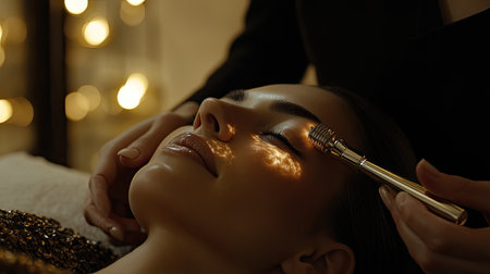 A serene scene depicting a woman undergoing a luxurious skin treatment in a softly lit spa environment, showcasing relaxation and wellness.の素材