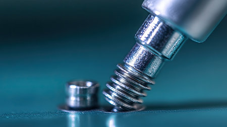 This macro photograph captures a close-up view of a shiny metal screw and fastener resting on a smooth blue background, highlighting intricate details.の素材