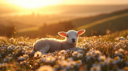 A charming baby lamb rests peacefully in a sunlit meadow filled with vibrant wildflowers, showcasing the beauty of nature during sunset.の素材