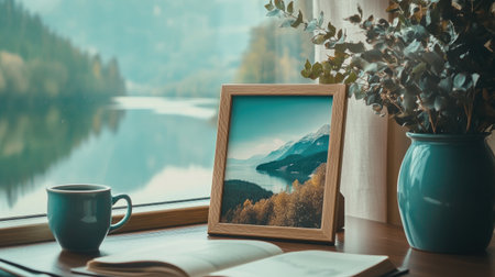 This inviting indoor scene features a scenic landscape framed on a wooden table beside a steaming cup, enhancing a tranquil view of a serene lake and mountains.の素材
