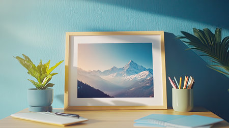 A serene mountain landscape in a frame sits on a desk, complemented by a potted plant and stationery, creating a tranquil workspace atmosphere.の素材