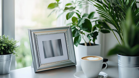 A cozy home office scene featuring a decorative frame, a warm cup of coffee, and lush indoor plants. The natural light enhances the serene atmosphere, ideal for relaxation and productivity. Perfect for showcasing a stylish workspace.の素材