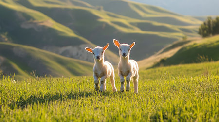 Two playful lambs frolic in a vibrant green pasture, surrounded by rolling hills under soft sunset light, capturing the essence of rural beauty and innocence.の素材