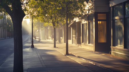 A tranquil urban scene showcasing the serene morning light as it filters through trees onto an empty street lined with charming shops.の素材