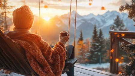 A cozy individual enjoys a scenic view of majestic mountains and a vibrant sunset while sipping a hot beverage on a swing. The atmosphere reflects tranquility.の素材