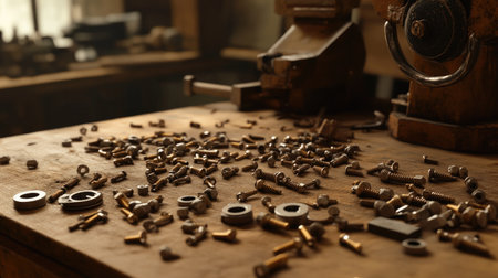 Discover a detailed close-up of assorted metal fasteners and tools scattered across a wooden workbench in a rustic workshop, showcasing craftsmanship.の素材