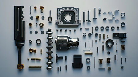 This detailed flat lay image showcases various mechanical parts and components meticulously organized. Ideal for design and engineering projects, it highlights tools and hardware arrangements on a neutral background.の素材