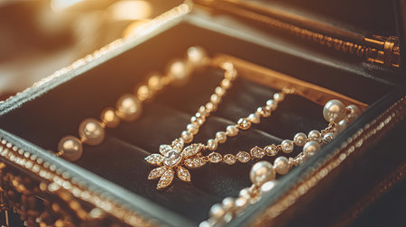 A beautifully arranged jewelry collection featuring delicate pearls and sparkling gems in an ornate box, illuminated by warm light, creating an enchanting atmosphere.の素材