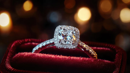 This stunning diamond engagement ring features a sparkling center stone surrounded by intricate details, beautifully presented in a luxurious velvet box.の素材