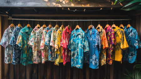 A vibrant collection of Hawaiian shirts hangs on wooden hangers in a tropical setting, perfect for summer styling and vacation vibes. Each shirt features unique floral patterns.の素材