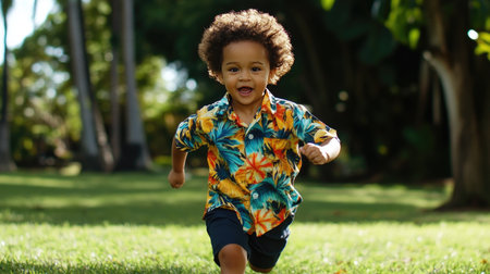 A joyful young boy with curly hair runs across a lush green lawn, wearing a bright tropical shirt, embodying the spirit of childhood and adventure.の素材