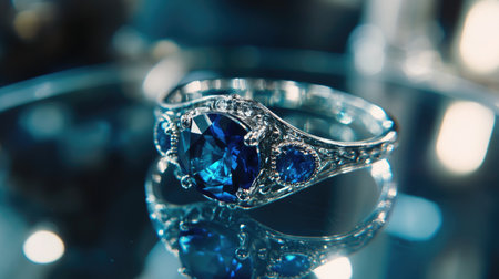 This stunning blue sapphire ring features intricate silver design and is displayed on a reflective surface, showcasing its exquisite craftsmanship and elegance.の素材