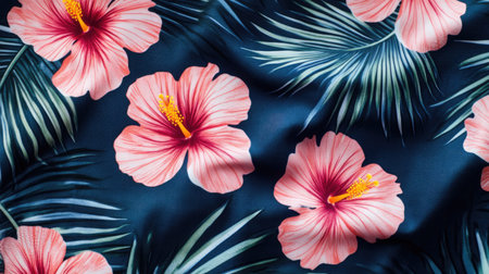A stunning arrangement of vibrant hibiscus flowers set against a dark blue fabric background, complemented by lush green leaves, perfect for decor and fashion.の素材