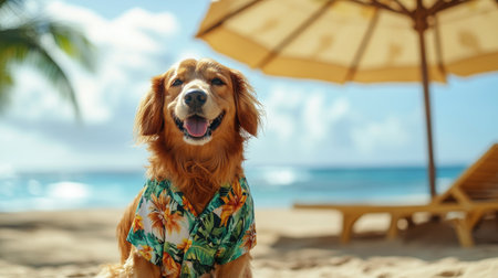A cheerful golden retriever wearing a colorful tropical shirt sits on a sunlit beach, embodying the joy of summer vacations by the sea.の素材