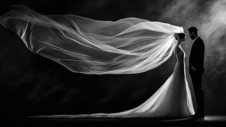 This stunning black and white image captures an intimate moment between a bride and groom, showcasing a flowing veil that adds a dramatic touch. The emotional connection, conveyed through their gaze, embodies love and romance in an elegant, artistic style.の素材