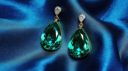 Exquisite teardrop green gemstone earrings set on rich blue satin fabric, showcasing luxury and sophistication perfect for formal events or gifts.の素材