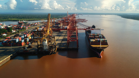This aerial image captures the bustling activity at a cargo port, filled with colorful shipping containers and towering cranes alongside vessels.の素材