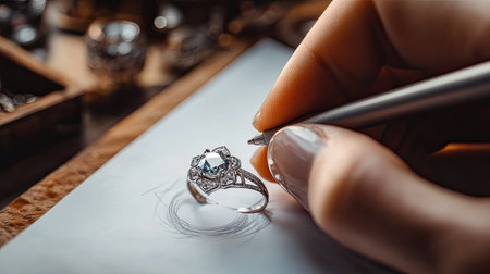 A captivating scene of an artist sketching a detailed design of a stunning silver ring adorned with a blue gemstone in a vibrant workshop.の素材