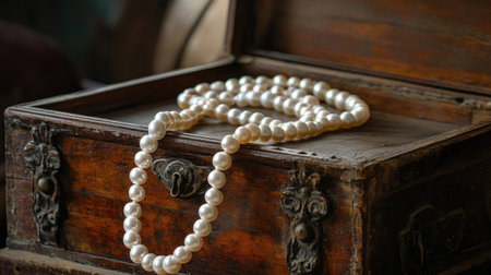 A classic arrangement featuring a lustrous string of white pearls elegantly displayed on a vintage wooden chest. Perfect for showcasing luxury and beauty.の素材