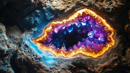 A captivating geode displaying rich amethyst crystals with a glowing orange edge set against rugged rock. Perfect for nature and geology themes.の素材