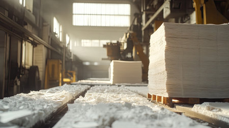 A serene view of a paper manufacturing facility showcasing stacks of white paper and advanced machinery in action under soft lighting.の素材