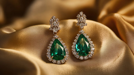 This image captures a stunning pair of green gemstone earrings embellished with brilliant diamonds, set against a luxurious satin background, showcasing exquisite craftsmanship.の素材