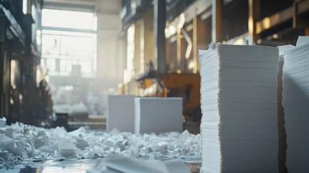 A busy industrial workspace features neatly stacked paper piles against a backdrop of scattered scraps and sunlit machinery, illustrating a dynamic production setting.の素材