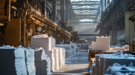 A vibrant industrial factory interior showcasing stacks of paper illuminated by natural light filtering through large windows, highlighting the manufacturing process.の素材