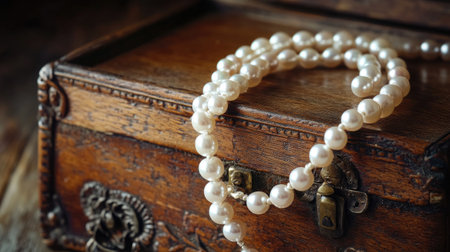 A beautiful pearl necklace gracefully rests on an ornate wooden jewelry box, showcasing timeless elegance and craftsmanship suitable for various occasions.の素材