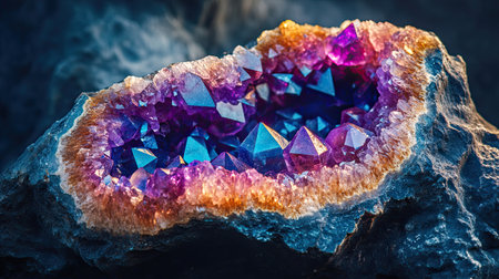 A breathtaking close-up of a vibrant crystal geode showcasing stunning purple and blue hues, highlighting intricate formations and sparkling details.の素材