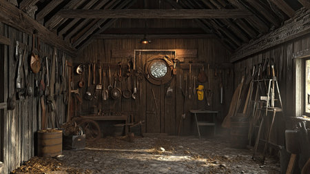 This image features a rustic workshop interior showcasing an array of vintage tools mounted on wooden walls, highlighting craftsmanship and nostalgia.の素材