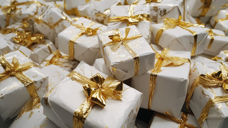 A captivating arrangement of numerous white gift boxes adorned with elegant golden ribbons, perfect for showcasing festive spirit and joyous celebrations.の素材