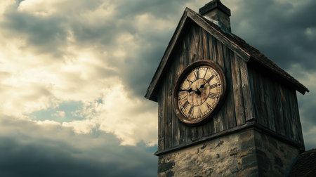 A captivating image of a rustic wooden clock tower set against a backdrop of moody clouds. This photograph captures the essence of time and nostalgia, perfect for illustrating themes of history and serenity.の素材