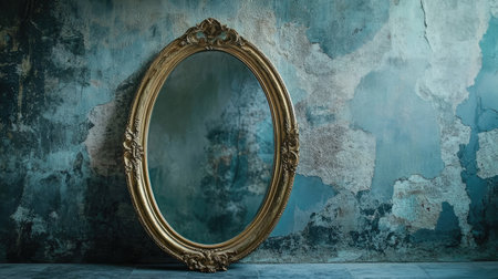 An elegant ornate vintage mirror stands against a textured blue wall, creating a striking visual contrast that enhances any artistic interior.の素材