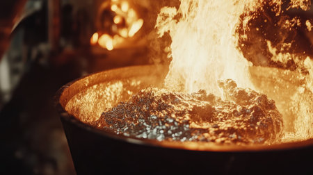 A dynamic scene capturing molten metal within a furnace, showcasing intense flames and a reflective surface, highlighting industrial craftsmanship and energy.の素材