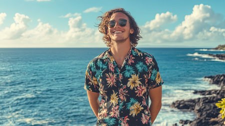A joyful young man stands confidently by the ocean, wearing a vibrant floral shirt. The scene captures a perfect blend of nature and happiness, ideal for summer adventures.の素材